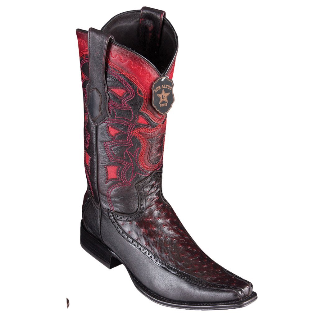 Los Altos Genuine Ostrich Narrow Square Toe Boot with Inlay Trim in Black Cherry