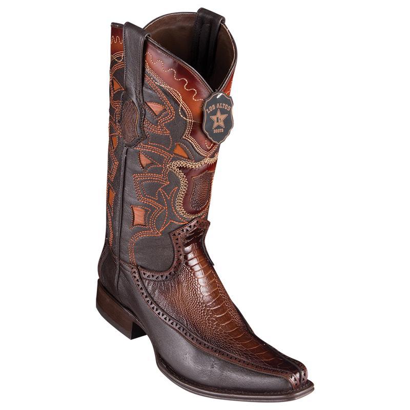 Genuine Ostrich Leg Narrow Square Toe Boot with Inlay Trim in Faded Brown