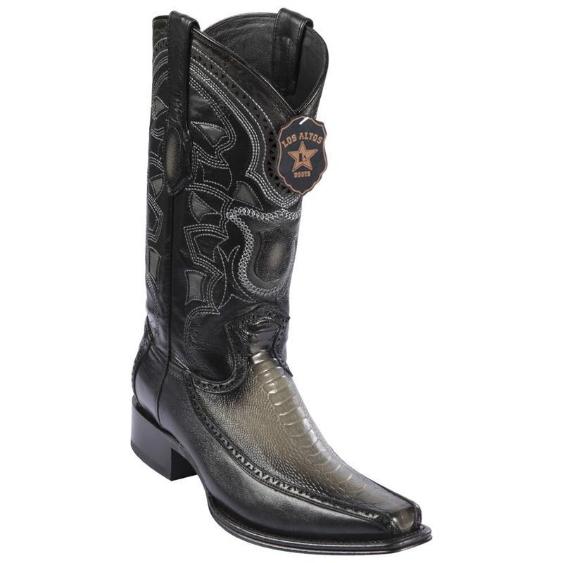 Genuine Ostrich Leg Narrow Square Toe Boot with Inlay Trim in Faded Gray