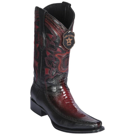 Genuine Ostrich Leg Narrow Square Toe Boot with Inlay Trim in Faded Burgandy