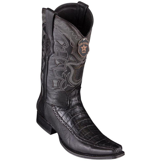 Los Altos Genuine Caiman Belly Narrow Square Toe Boot with Inlay Trim in Black