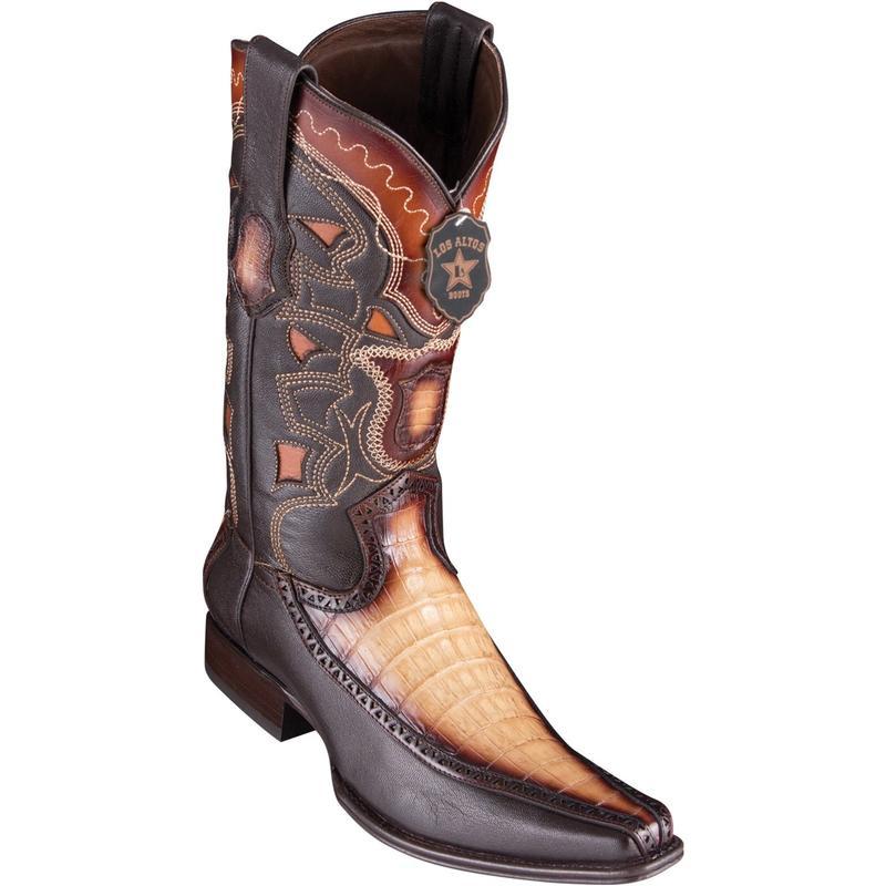 Los Altos Genuine Caiman Belly Narrow Square Toe Boot with Inlay Trim in Faded Oryx