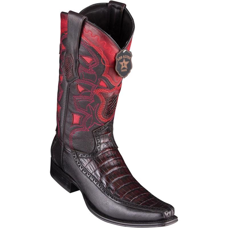 Los Altos Genuine Caiman Belly Narrow Square Toe Boot with Inlay Trim in Black Cherry