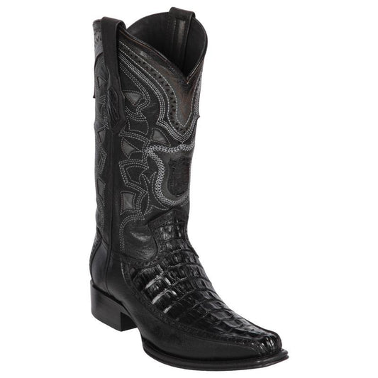 Los Altos Genuine Caiman Tail Narrow Square Toe Boot with Inlay Trim in Black