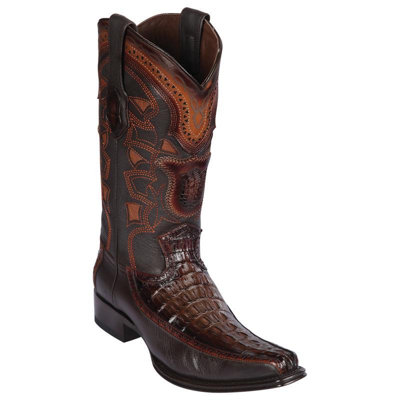 Los Altos Genuine Caiman Tail Narrow Square Toe Boot with Inlay Trim in Faded Brown