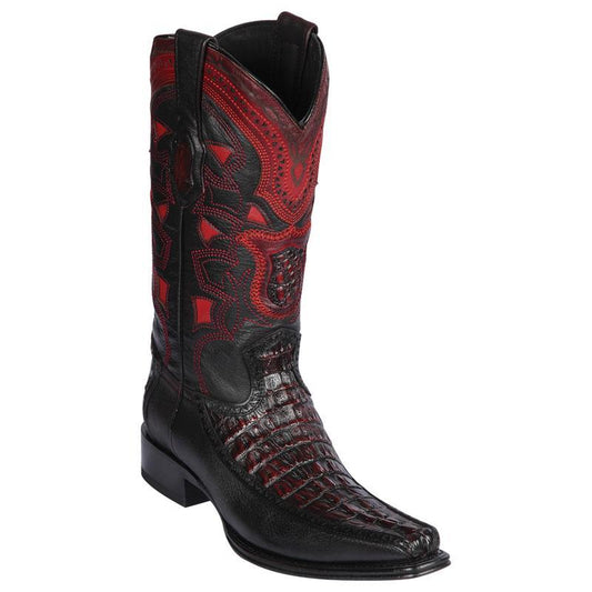 Los Altos Genuine Caiman Tail Narrow Square Toe Boot with Inlay Trim in BlackCherry