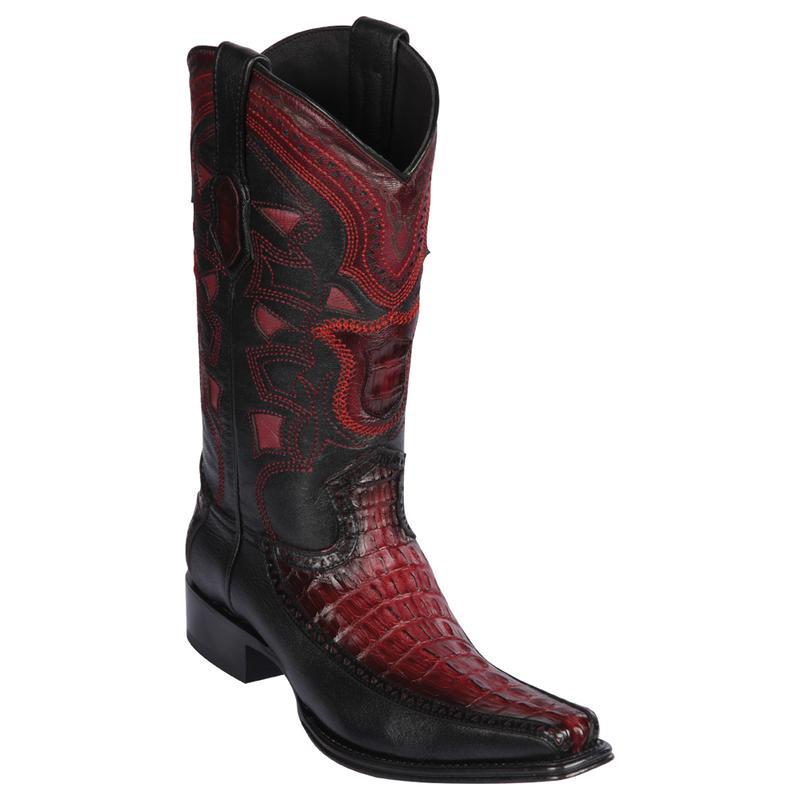 Los Altos Genuine Caiman Tail Narrow Square Toe Boot with Inlay Trim in Faded Burgandy