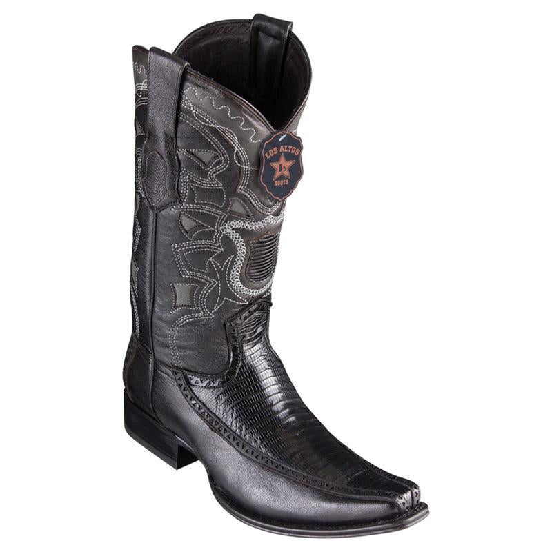 Los Altos Genuine Teju Lizard Narrow Square Toe Boot with Inlay Trim in Black