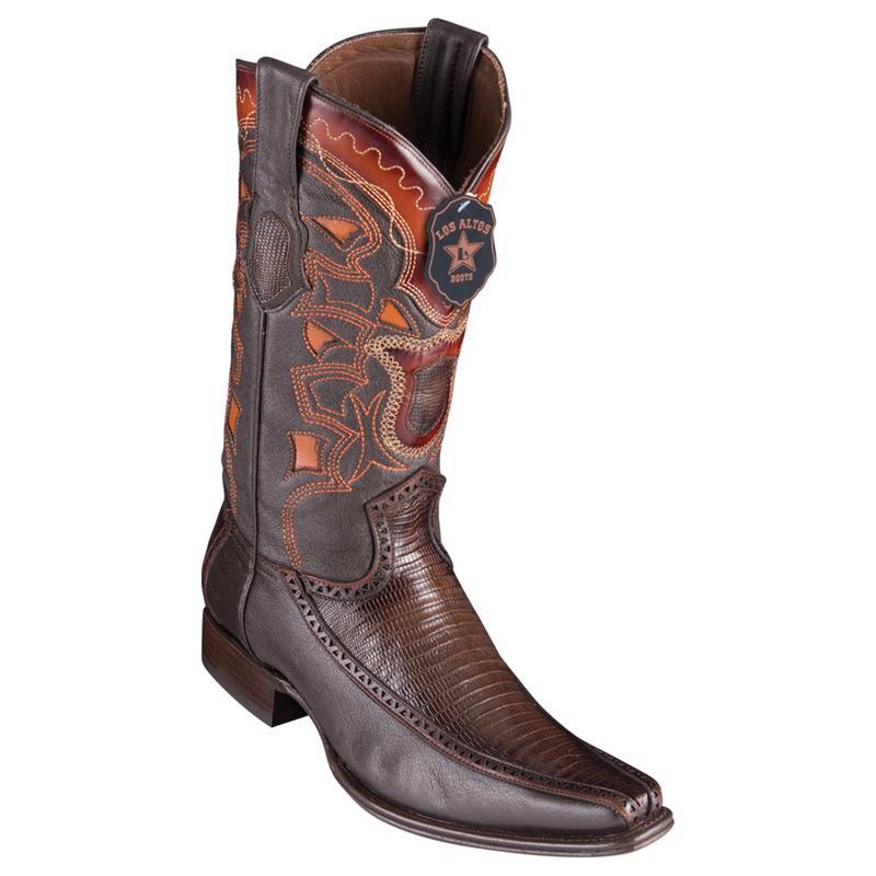 Los Altos Genuine Teju Lizard Narrow Square Toe Boot with Inlay Trim in Faded Brown