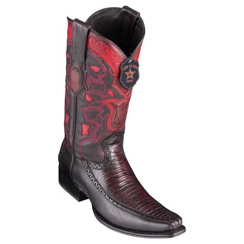 Los Altos Genuine Teju Lizard Narrow Square Toe Boot with Inlay Trim in Black Cherry