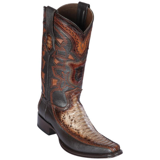 Genuine Python Narrow Square Toe Boot with Inlay Trim in Rustic Brown