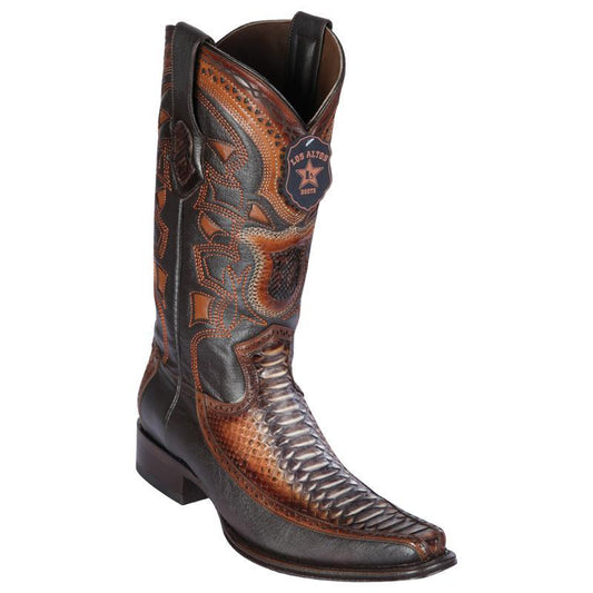 Genuine Python Narrow Square Toe Boot with Inlay Trim in Rustic Cognac