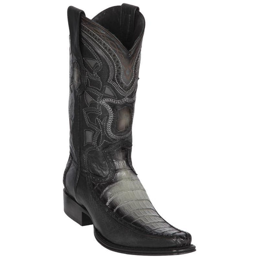 Los Altos Genuine Caiman Belly Narrow Square Toe Boot with Inlay Trim in Faded Gray