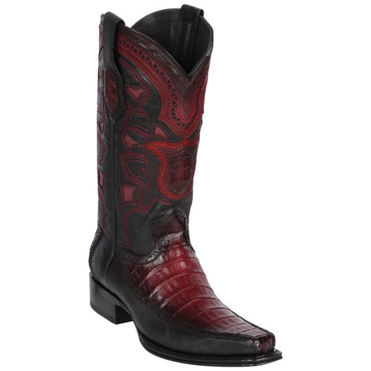 Los Altos Genuine Caiman Belly Narrow Square Toe Boot with Inlay Trim in Faded Burgandy