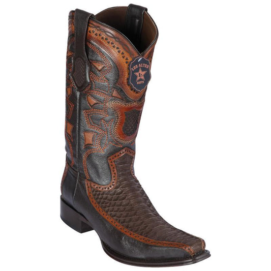 Genuine Python Narrow Square Toe Boot with Inlay Trim in Brown Suede Finish