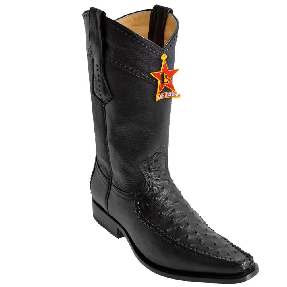 Los Altos Genuine Ostrich Stitched Narrow Square Toe Boot in Black