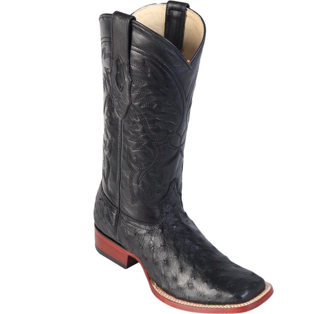 Los Altos Genuine Ostrich Wide Square Toe Boot in Black