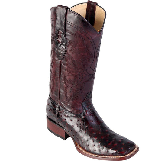 Los Altos Genuine Ostrich Wide Square Toe Boot in Black Cherry