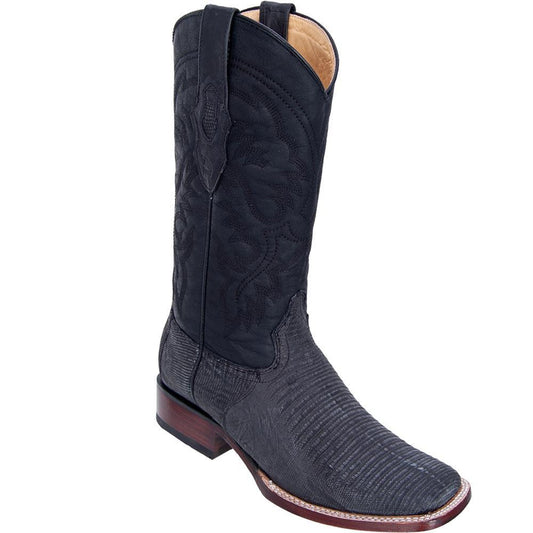 Los Altos Genuine Teju Lizard Wide Square Toe Boot in Sanded Black