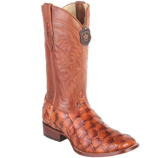 Los Altos Genuine Pirarucu Wide Square Toe Boot in Cognac