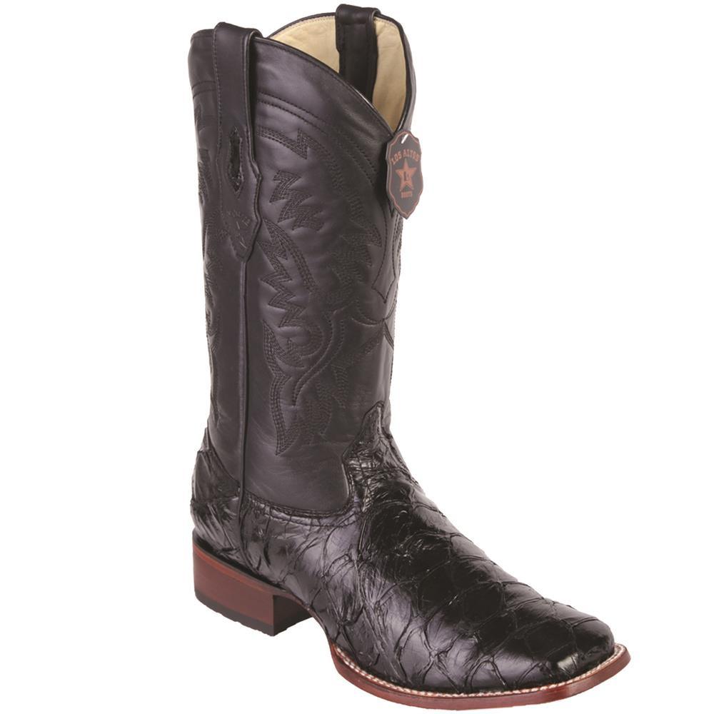 Los Altos Genuine Pirarucu Wide Square Toe Boot in Black