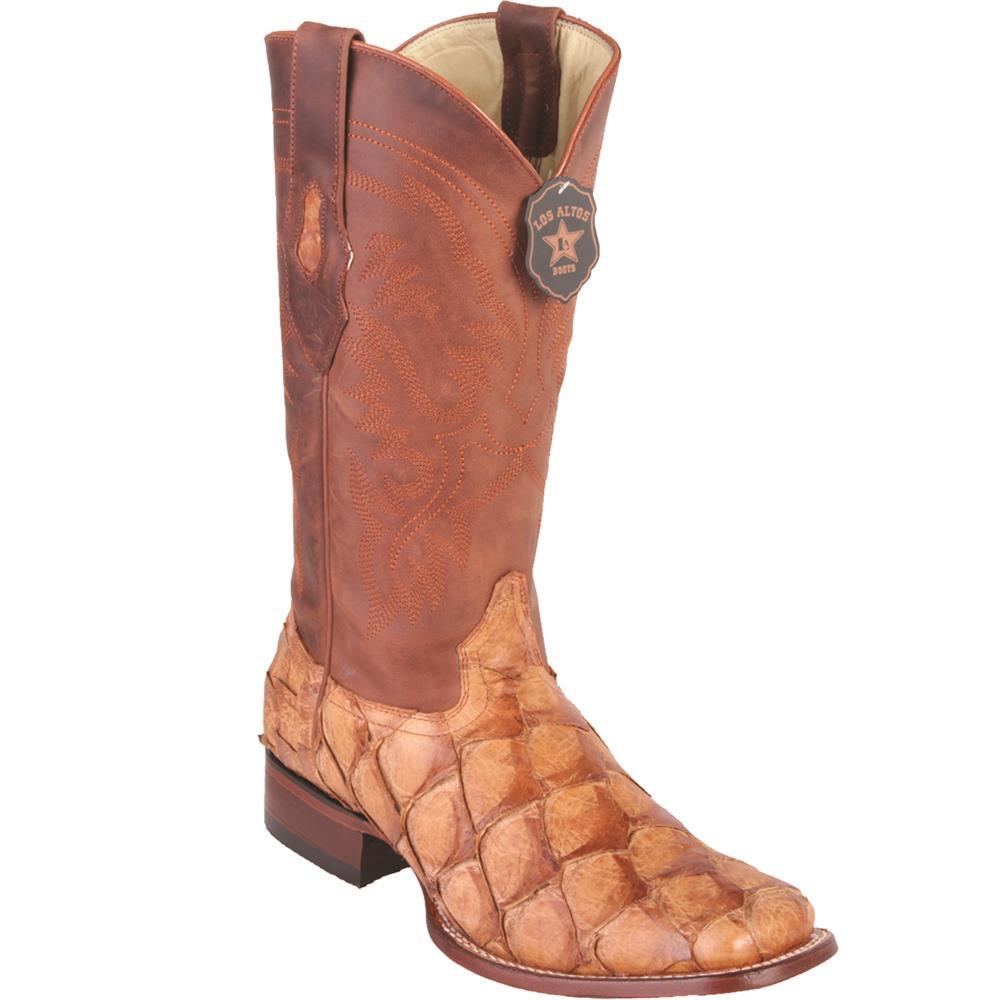 Los Altos Genuine Pirarucu Wide Square Toe Boot in Matte Cognac