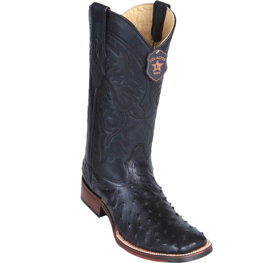 Los Altos Genuine Ostrich Wide Square Toe Boot with a Double Sole in Black