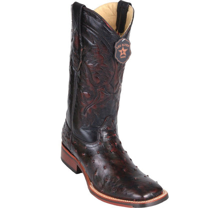 Los Altos Genuine Ostrich Wide Square Toe Boot with a Double Sole in Black Cherry