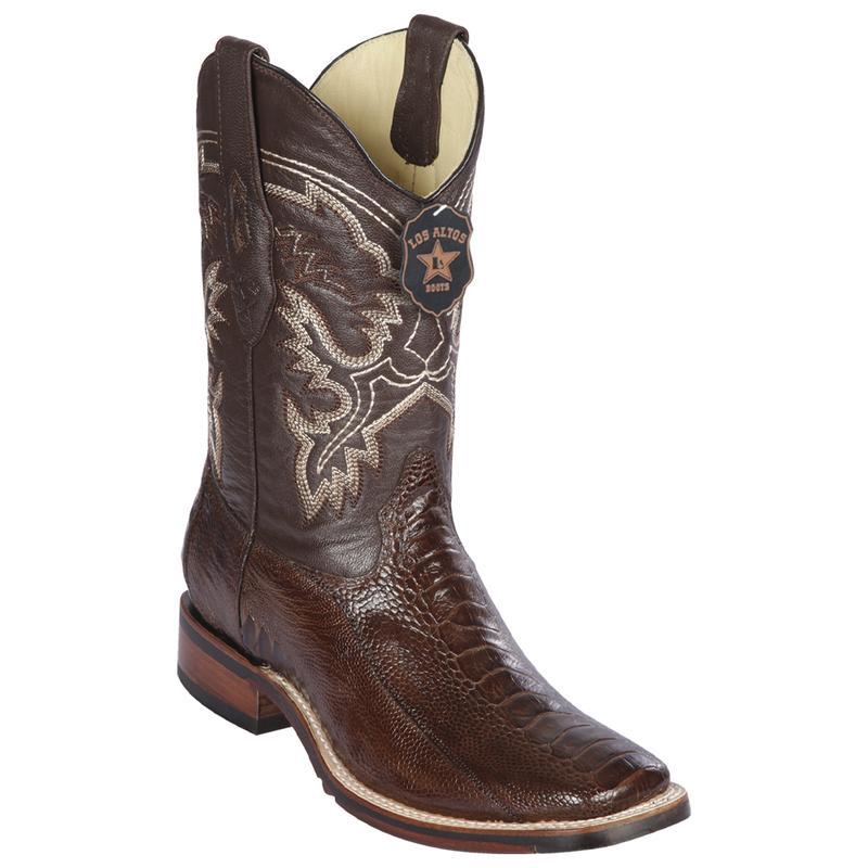 Los Altos Genuine Ostrich Leg Wide Square Toe Boot with a Double Sole in Brown