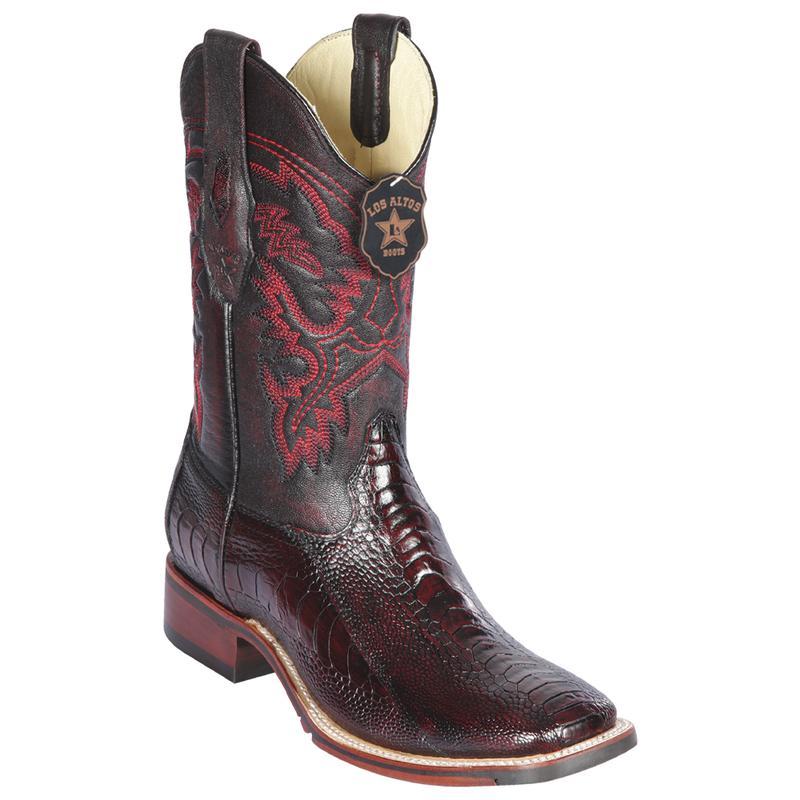 Los Altos Genuine Ostrich Leg Wide Square Toe Boot with a Double Sole in Black Cherry