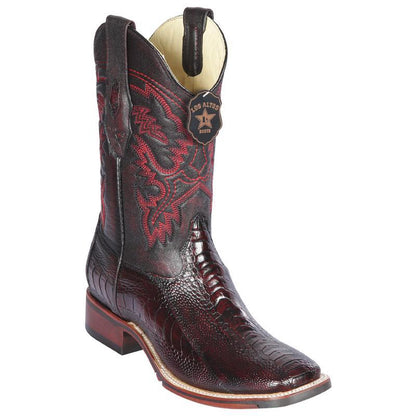 Los Altos Genuine Ostrich Leg Wide Square Toe Boot with a Double Sole in Black Cherry