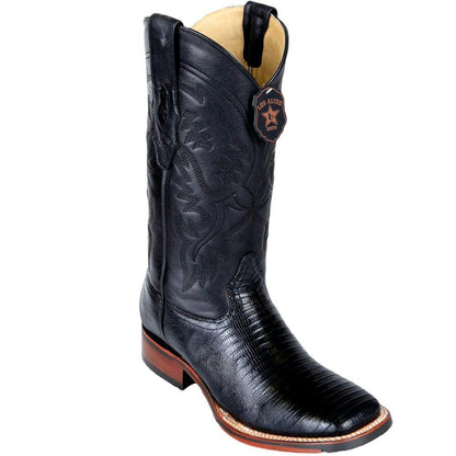 Los Altos Genuine Teju Lizard Wide Square Toe Boot with a Double Sole in Black