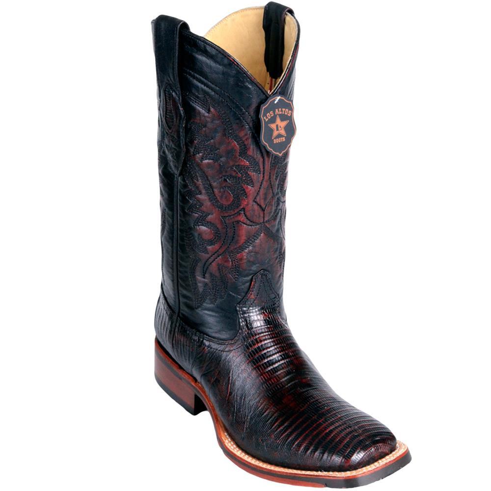 Los Altos Genuine Teju Lizard Wide Square Toe Boot with a Double Sole in Black Cherry