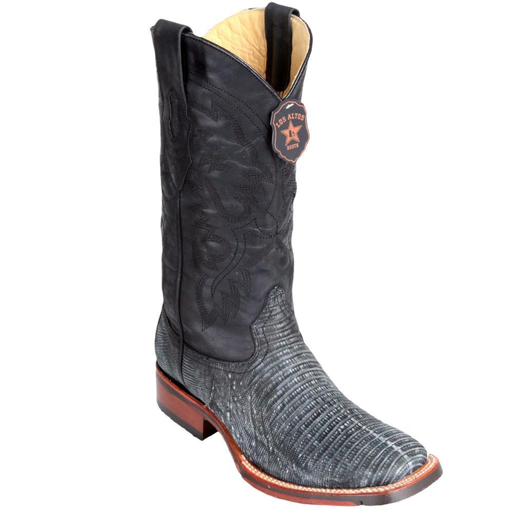 Los Altos Genuine Teju Lizard Wide Square Toe Boot with a Double Sole in Sanded Black