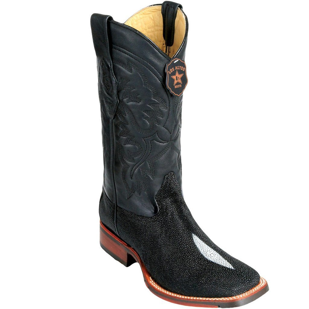 Los Altos Genuine Single Rowstone Stingray Wide Square Toe Boot with a Double Sole in Black