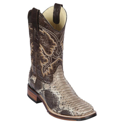 Genuine Python Wide Square Toe Boot with a Double Sole in Rustic Brown