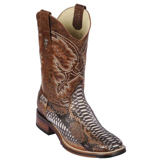 Genuine Python Wide Square Toe Boot with a Double Sole in Rustic Cognac