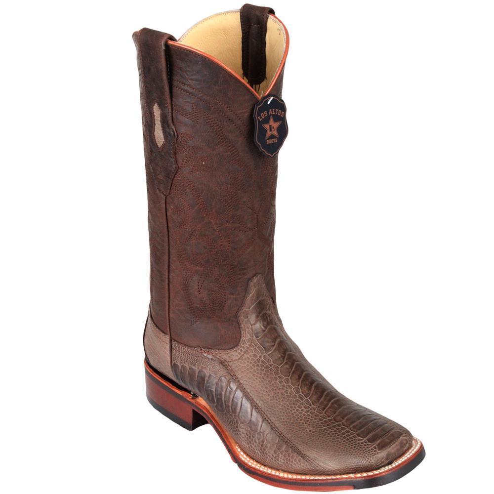 Los Altos Genuine Ostirch Leg Wide Square Toe Boot with a Double Sole in Greasy Brown