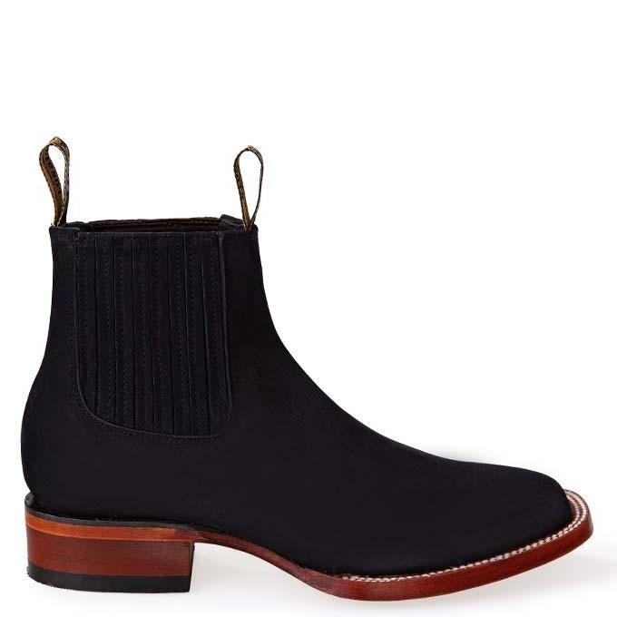 Nobuck Wide Square Toe Ankle Boot in Black