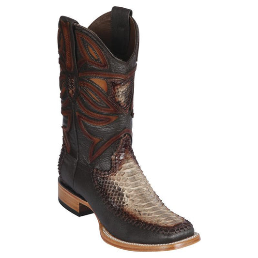 Genuine Python Stitched Wide Square Toe Boot in Rustic Brown