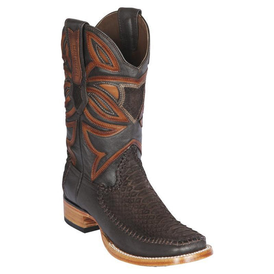 Genuine Python Stitched Wide Square Toe Boot in Brown Suede Finish