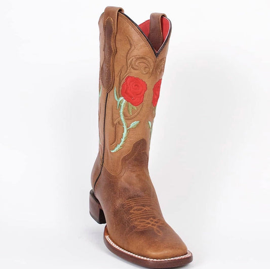 Quincy Womens Wide Square Toe Boot in Honey w/ Roses