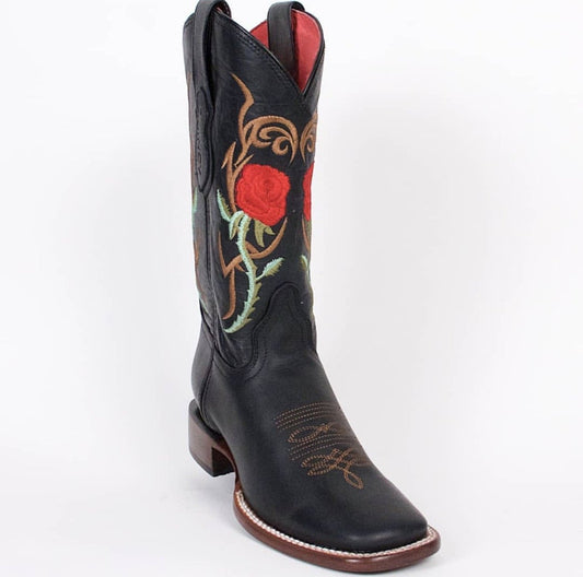 Quincy Womens Wide Square Toe Boot in Black w/ Roses