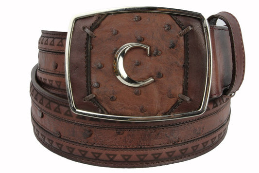 Engraved black ostrich leather western belt - CV397BA - Cuadra Shop