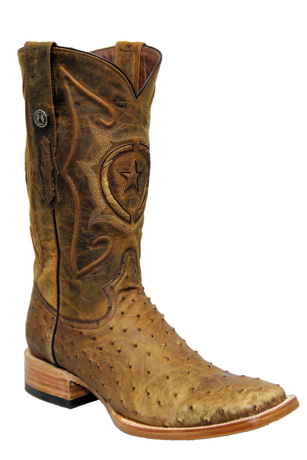 TM Genuine Ostrich Pull Up Wide Square Toe Boot in Antique