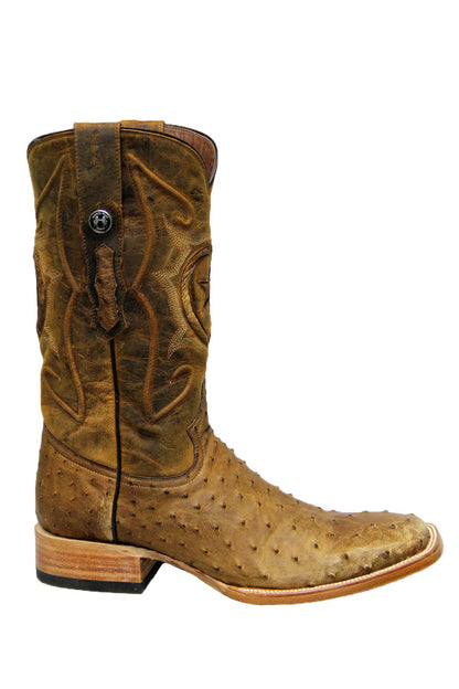 TM Genuine Ostrich Pull Up Wide Square Toe Boot in Antique
