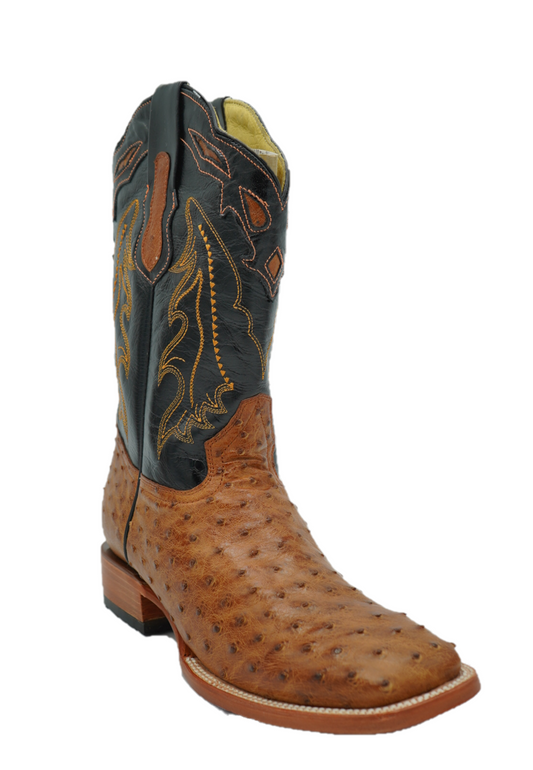 Full Ostrich Quill Wide Square Toe Boot in Cognac