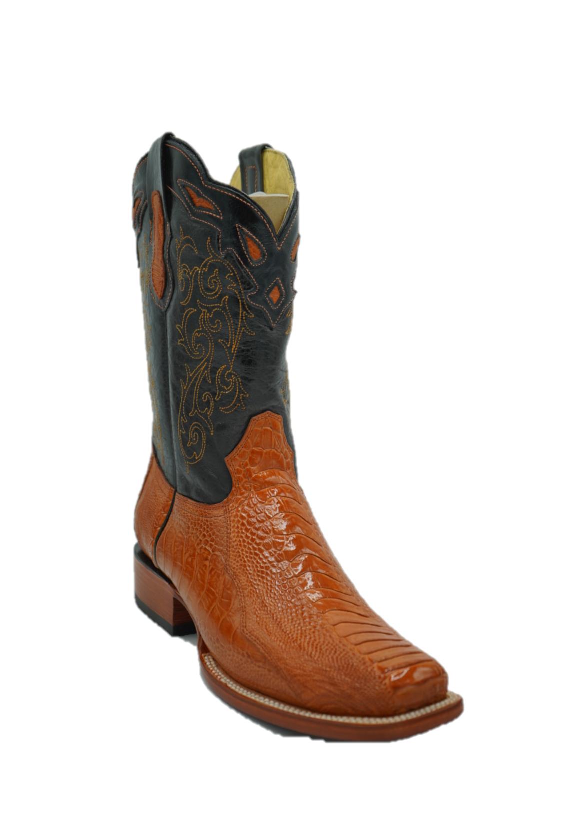 Ostrich Leg Square Toe Boot in Cognac